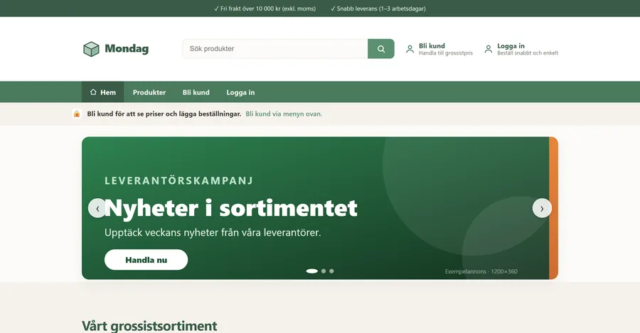 Startsidan för Mondag, grossist med e-handel