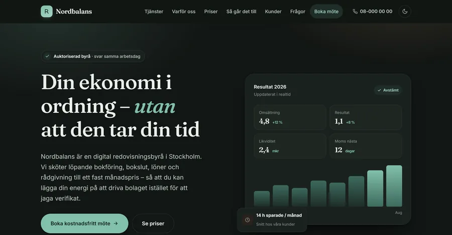 Startsidan för Nordbalans, en redovisningsbyrå
